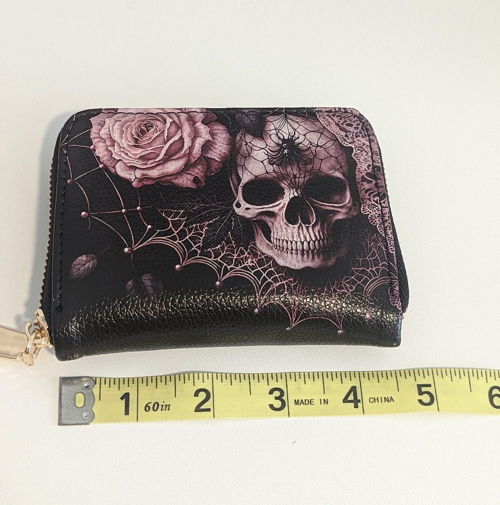 Skullette Brand Pink Skull Roses & Spider Vegan Leather Wallet New! - Picture 8 of 12